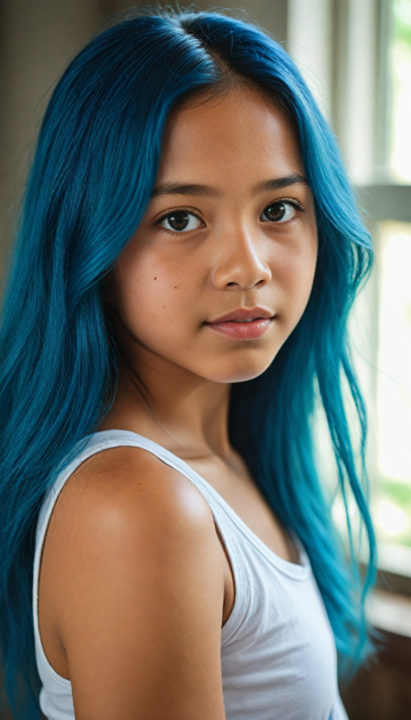 super realistic, detailed portrait, a beautiful young Filipino girl with long blue hair looks sweetly into the camera. She wears a white tank top.