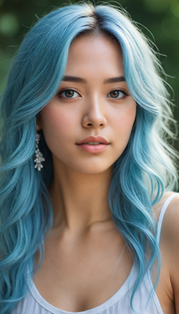 hyper-realistic, intricately detailed portrait of a stunning young Asian woman with flowing, soft blue hair cascading down her shoulders, caught in an ethereal glow. Her enchanting round eyes sparkle with depth and emotion, inviting the viewer into her world. She wears a delicate, flowing white tank top that hints at elegance, accessorized with shimmering silver earrings. The background features a dreamlike bokeh of soft pastel colors, blending seamlessly to enhance her beauty, with hints of floral motifs echoing a whimsical fairytale vibe. The lighting is warm and inviting, casting gentle shadows that accentuate her features, creating a sense of serenity and charm.