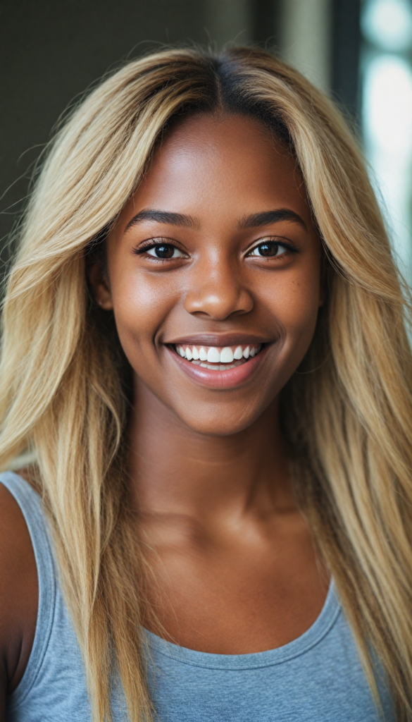 (portrait) (stunning) detailed, a beautiful young happy melanin girl, long straight soft blonde hair, (grey crop top)