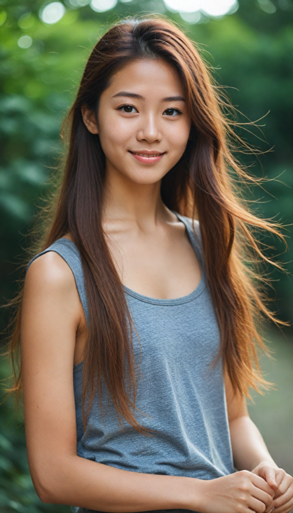 a very nice young Japanese girl, portrait shot, her long hazelnut hair falls over her shoulders, warm smile, she wears a grey tank top, perfect curved body