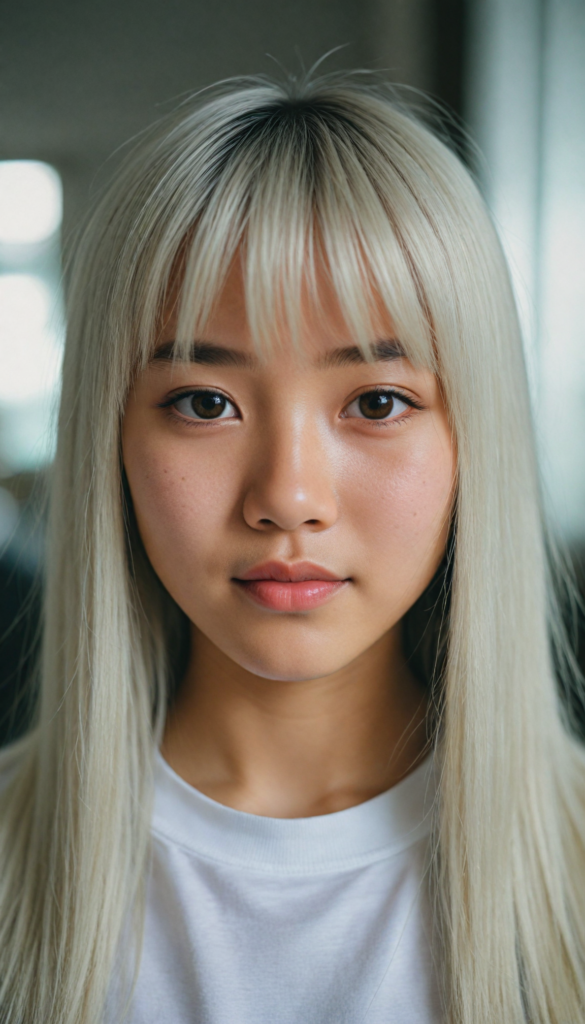 (portrait), detailed, (Asian young cute girl), long straight platinum hair, bangs cut, white t-shirt