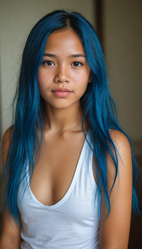 super realistic, detailed portrait, a beautiful young Filipino girl with long blue hair looks sweetly into the camera. She wears a white tank top.