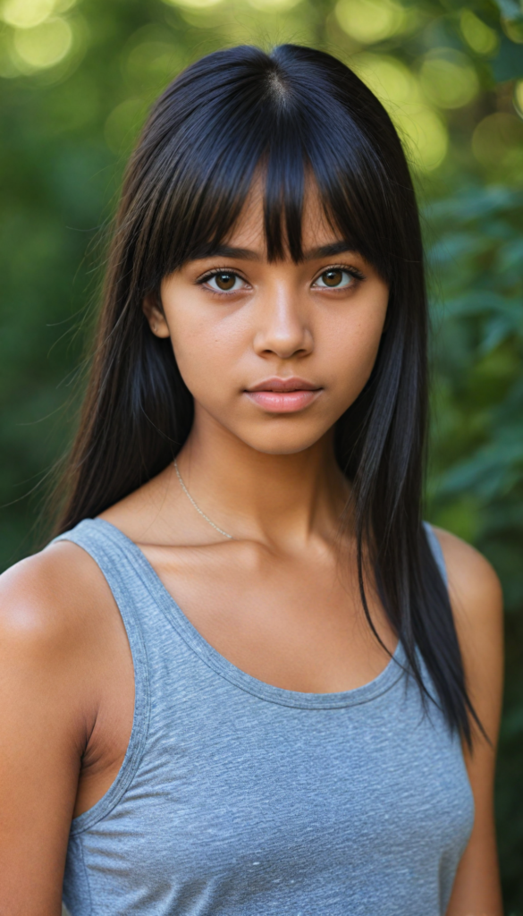 super realistic, 4k, detailed face, cute Exotic teen girl, long black straight jet soft hair, bangs cut, wear a grey crop tank top, looks at the camera, portrait shot, super realistic amber eyes