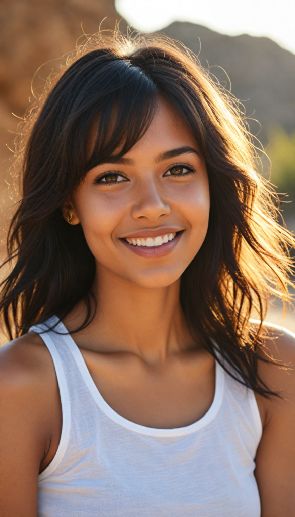 a captivating close-up portrait of a young brown-skinned girl with an enchanting smile, her softly straight black hair gracefully cascades around her face, accentuated by delicate side bangs. The composition embraces both her full lips and her confident poise, revealing her perfect, curvaceous form. She dons a flowing, ethereal white tank top that subtly contrasts with the warm tones of the sunlit desert landscape, where golden sands create a dreamy backdrop. The lighting casts a soft halo around her, adding a touch of magic and warmth to the scene, reminiscent of a contemporary impressionist painting captured in vivid colors.