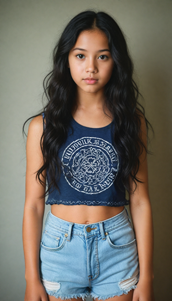 a (super realistic and highly detailed full-body photo), capturing a (beautiful and innocent young girl) with (very long, thick, wavy black hair), cropped tank top