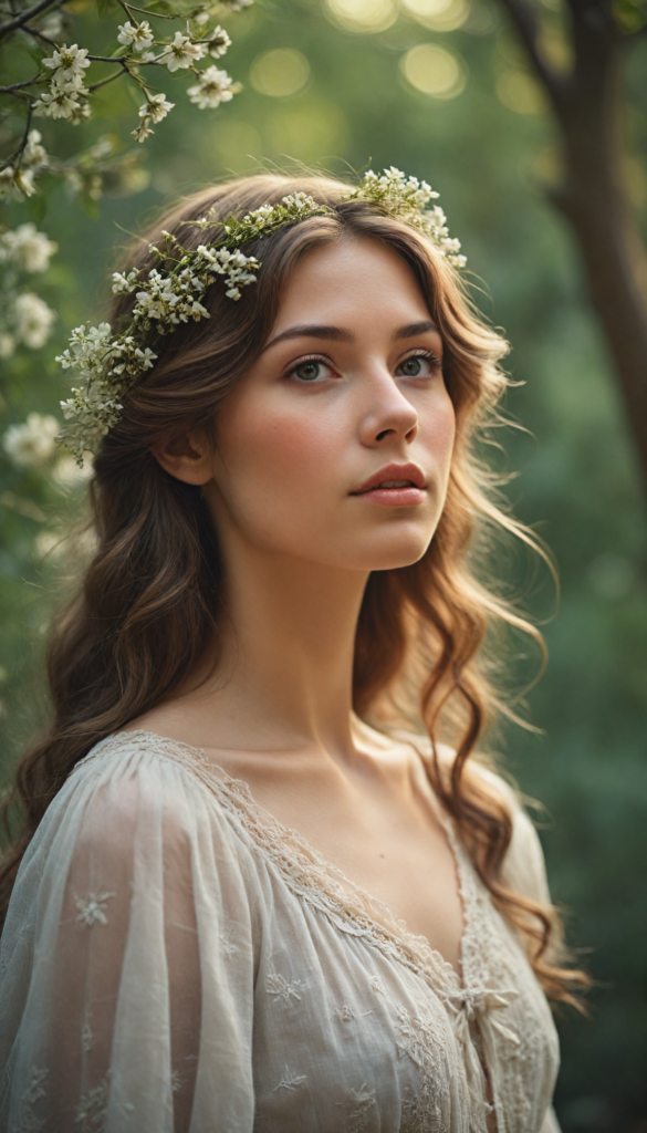 a dreamlike portrait of a stunning girl, her features softly illuminated with a warm, golden glow, enveloped in a delicate, ethereal haze that swirls around her like mist in a twilight forest, reminiscent of a 1970s romantic novel cover; her hair flows like liquid gold, adorned with wildflowers, as she gazes thoughtfully into the distance, embodying a sense of serene enchantment and nostalgia, capturing the whimsical elegance of a vintage art style reminiscent of classic fairy tales, blending realism with surrealism in a soft, painterly texture.