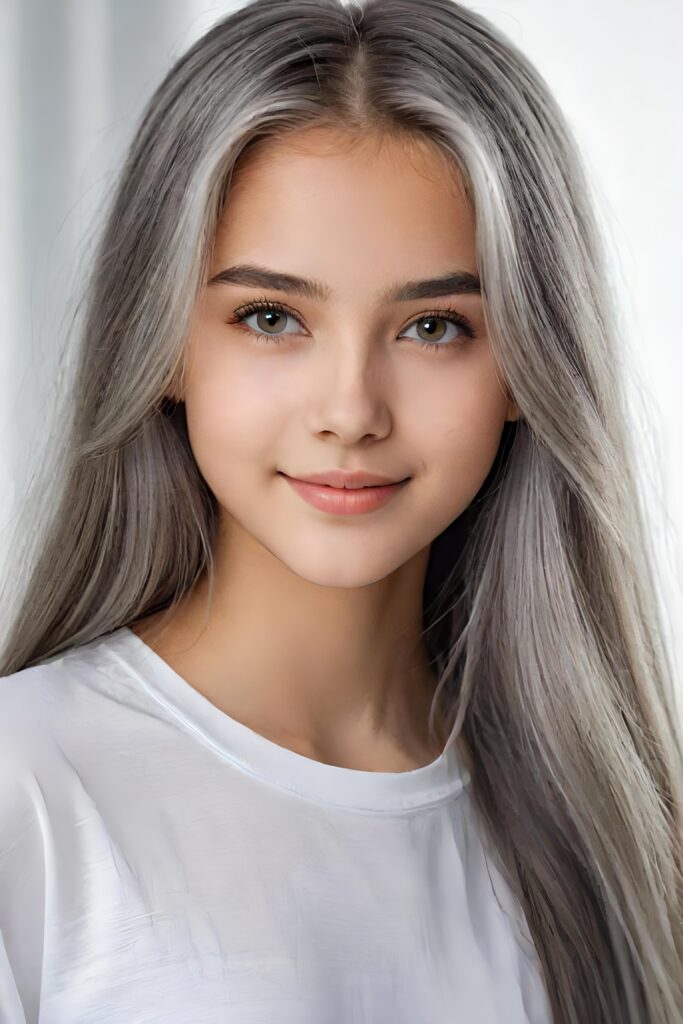 super realistic, detailed portrait, a beautiful young girl with long hair looks sweetly into the camera. She wears a white shirt.