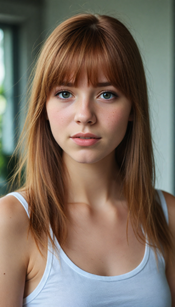 super realistic, 4k, detailed face, cute petite teen girl, long auburn straight hair, bangs cut, wear a white short tight cropped tank top with deep v-neck, looks at the camera, portrait shot