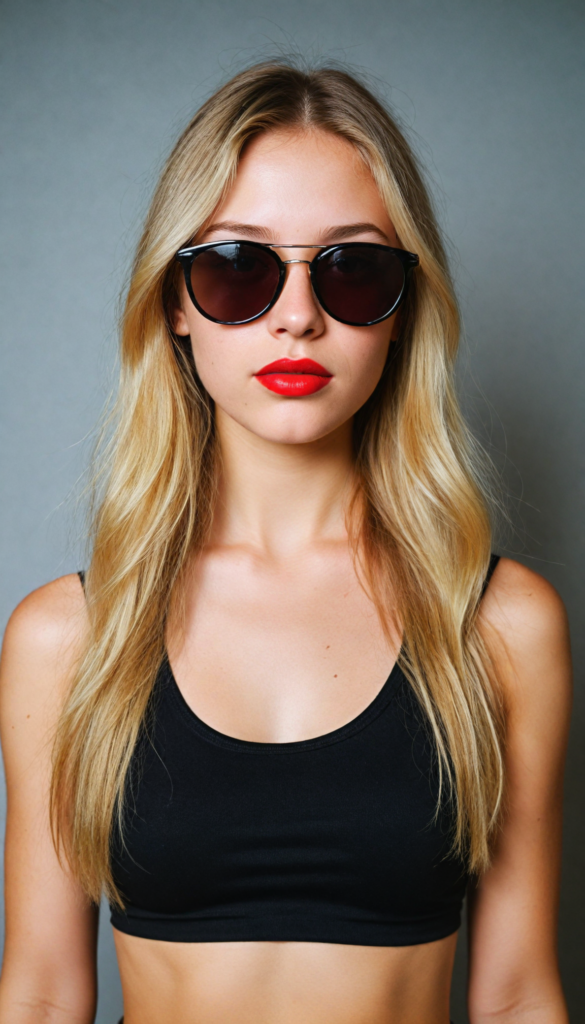 a cute young teenage girl with long straight blond hair wears sunglasses. She has full, red lips and wears a black, tight tank top which perfectly emphasizes her perfect body, accentuating her (navel) and (soft, youthful thighs)