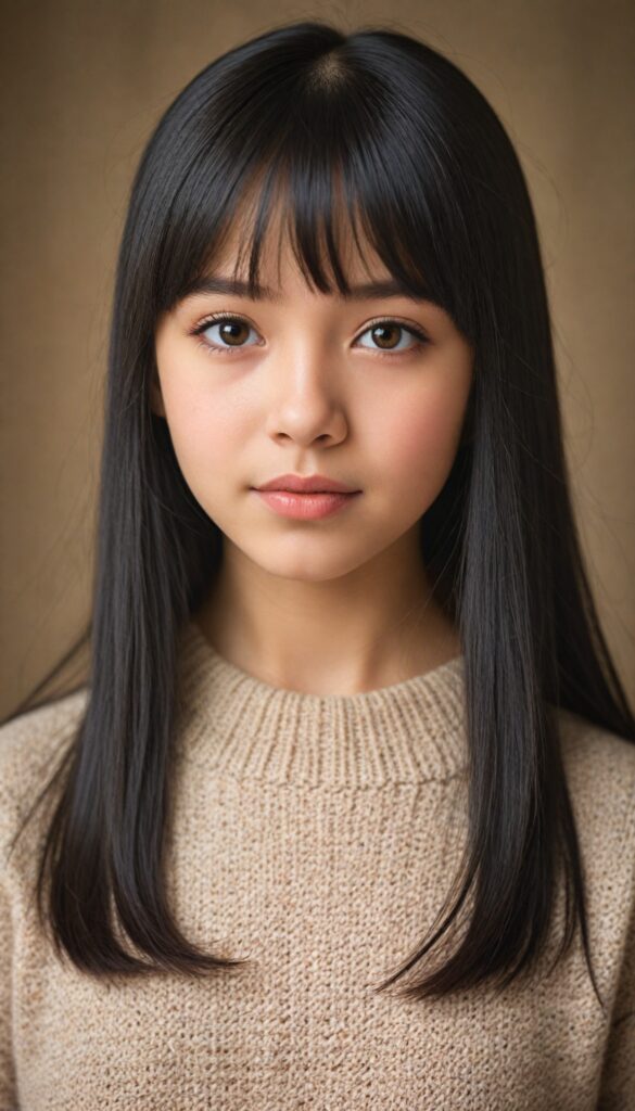 create a portrait of a cute, beautiful, sweet, kind, adorable, breathtaking, delicate, pretty, graceful, elegant, very young girl with long, straight, silky black hair, bangs, light brown eyes, full lips, wearing a warm sweater. (The background is slightly blurred)