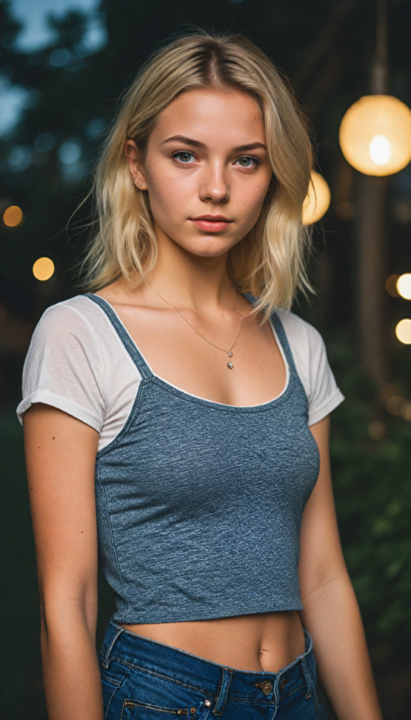 a beautiful (teen girl) with blonde hair, styled in a sleek, short-cropped top, (vividly realistic photo), set against a dimly lit environment that softly highlights her features