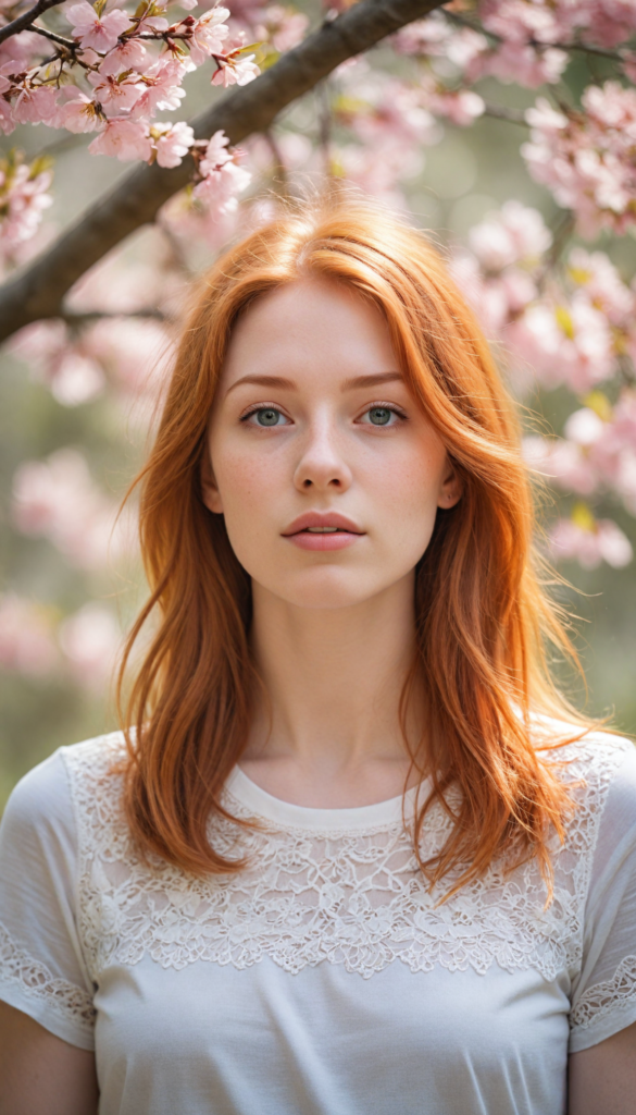 close-up portrait, a whimsical scene featuring a serene red-haired teen girl with straight hair flowing gently in the breeze, dressed in a delicate light pink, fitted t-shirt adorned with subtle lace details. She is posing, surrounded by blooming cherry blossom trees, with petals drifting gracefully around her. Her expression radiates innocence and curiosity as she gazes at a brightly colored butterfly that flits nearby, capturing the essence of a dreamy spring afternoon, reminiscent of a watercolor painting in the style of Claude Monet.