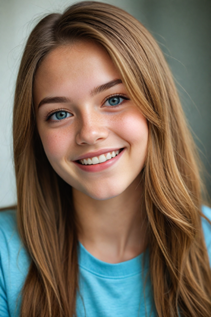 a very detailed and realistic portrait of a (cute teen girl), (long yet straight light brown hair), (realistic detailed brown eyes), (full kissable lips), (realistic detailed, light amber eyes), (face illuminated), perfect curved fit body, she wears a light blue t-shirt, smile