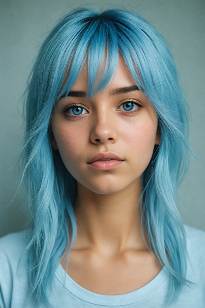 a whimsically illustrated brown-skinned teen emo girl, with cascading, gently undulating straight light blue hair framing her face, accentuated by a subtle cascade of side bangs. She has detailed light blue eyes, her complexion glows with an ethereal light blue hue, embodying a haunting beauty that evokes a bittersweet sense of melancholy and introspection. Surrounding her is a dreamy, misty backdrop of soft grey, interspersed with delicate, ethereal swirls of muted pastel colors, creating a serene yet poignant atmosphere reminiscent of a twilight dreamscape. The scene captures the essence of emotional detachment, while inviting viewers to delve into the depths of her reflective demeanor, with intricate, whimsical details that evoke a sense of fragile beauty. She wears a light blue, short cropped t-shirt