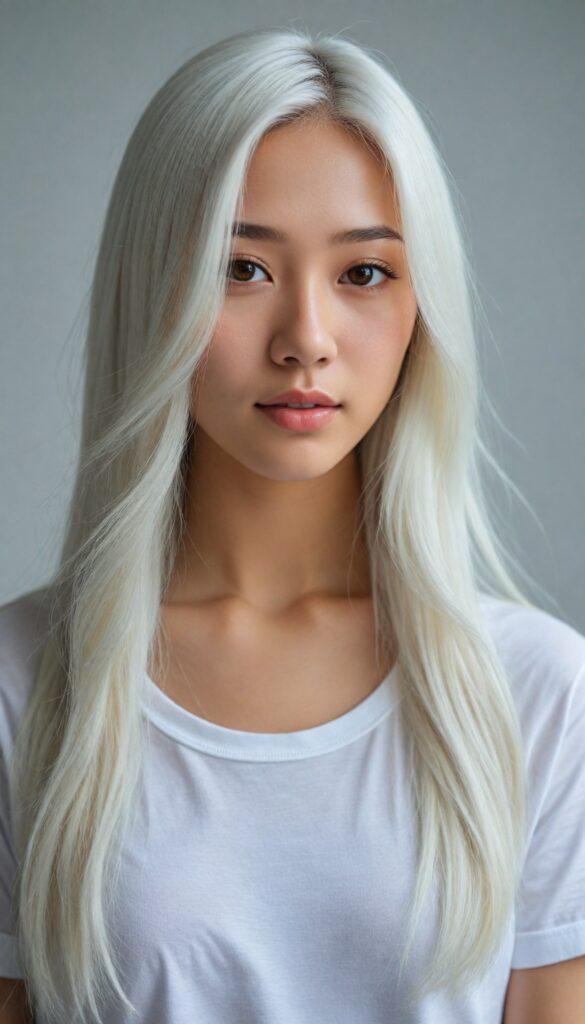 a breathtakingly (realistic portrait), capturing the essence of youthful beauty, featuring a (Asian teen girl) who exudes (serene elegance), with long, flowing (straight platinum white hair), and a (flawlessly detailed angelic face), where her (soft, realistic hazelnut eyes), she is clad in a white T-shirt, with flawless anatomical proportions that draw the eye, against a (subtle, uncluttered backdrop of white). The overall atmosphere evokes a (cinematic sophistication) that exudes timeless appeal