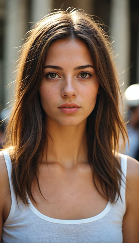 a very detailed and realistic portrait of a (cute teen girl), (long yet straight cooper-brown hair)), (realistic detailed (brown eyes), (full kissable lips), (realistic detailed, light amber eyes), (face illuminated), wearing a very low cut ((white tank top made on fine wool)), perfect curved fit body