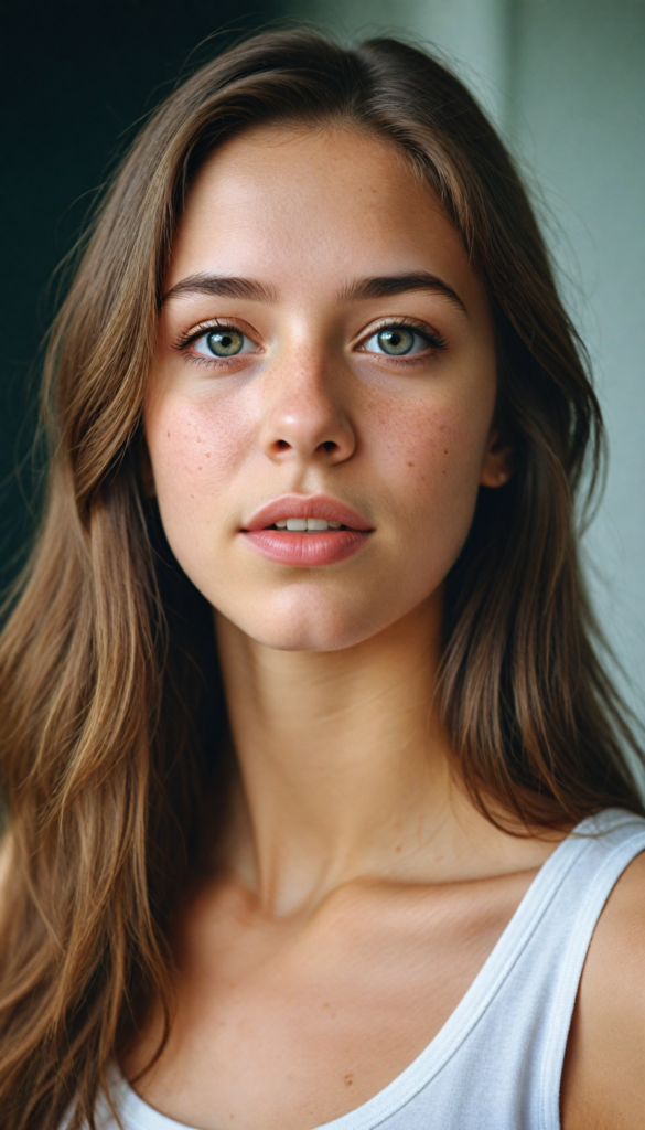 a very detailed and realistic portrait of a (cute teen girl), (long yet straight (cooper-brown hair), (realistic detailed (brown eyes), (full kissable lips), (realistic detailed, light amber eyes), (face illuminated), (wearing a very low cut (white tank top) made on fine wool), perfect curved fit body