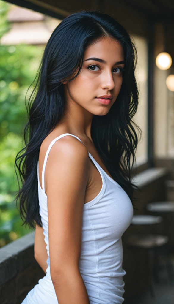 a (stunningly gorgeous) (detailed and realistic portrait) featuring a cute Arab teen girl who wears a (white short cropped tank top), long straight obsidian black hair, she has a perfect curved body