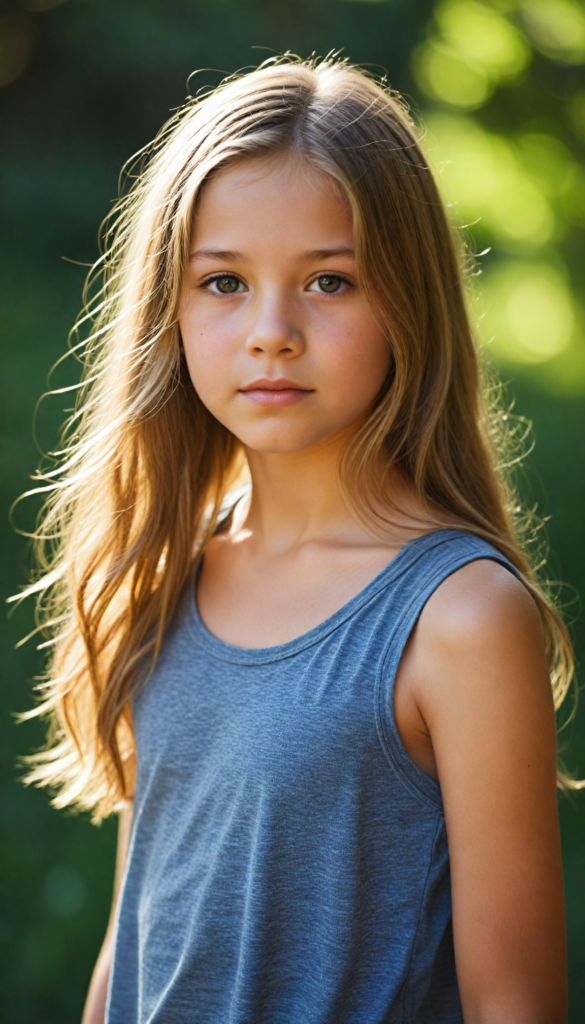 a (detailed and realistic photo), capturing a (very cute young girl), with long, flowing, messy soft brown-blonde hair, wearing a (tank top), all against a backdrop of a (beautiful, sunny day in nature)