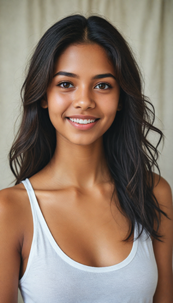 a very detailed and realistic (full body) portrait of a (brown-skinned teen girl), (long straight (dark brown hair), (realistic detailed (big brown eyes), (thin lips), (realistic detailed (brown skin), (light brown (eyes), (catchlights in both eyes), (matching eyes), (bright smile), (face illuminated), (looking into the camera), (wearing a very low cut (white tank top) made on thin silk)