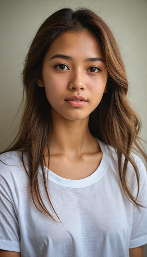 a breathtakingly (realistic portrait), capturing the essence of youthful beauty, featuring a (Burmese teen girl) who exudes (serene elegance), with long, flowing (straight hazelnut hair), and a (flawlessly detailed angelic face), where her (soft, realistic hazelnut eyes), gaze sadly towards the viewer from a (side perspective). She is clad in a (super short, sharply tailored (white T-shirt), cut from thin silk), with flawless anatomical proportions that draw the eye, against a (subtle, uncluttered backdrop of white). The overall atmosphere evokes a (cinematic sophistication) that exudes timeless appeal