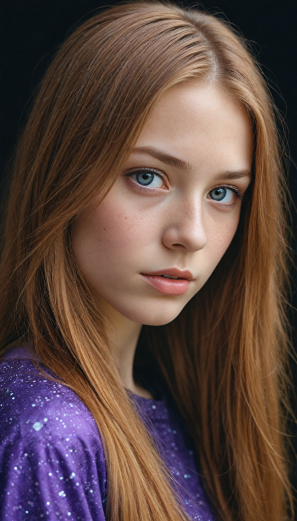 (portrait), intricately detailed pencil drawing, silvery-skinned (young teen girl) with cascading long straight molten copper hair that glimmers like liquid metal, piercing violet eyes reflecting a cosmic universe, set against a velvety black background that appears to shimmer with starlight, reminiscent of a blend between classical realism and modern fantasy illustration