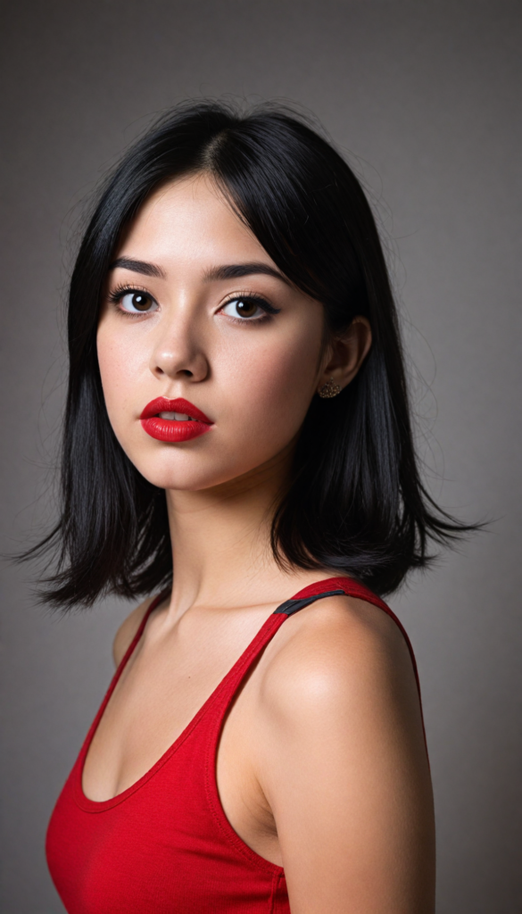 detailed and realistic photo from an innocent (young teen girl), straight black hair, (round face), black eyeliner, dark eyes, red lips, looks seductive, (black cropped tank top), (white background), front view