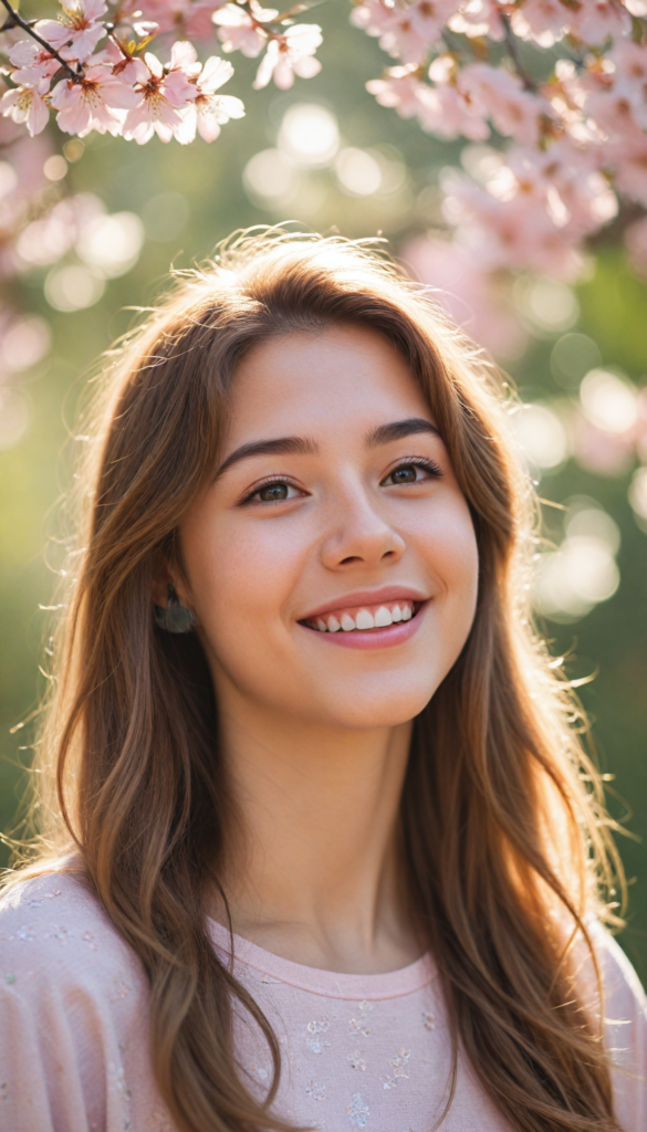 a close up portrait of an exuberant teenage girl with a beaming, sunny smile that radiates warmth, dressed in a stylish, fitted pastel pink crop top that elegantly highlights her graceful curves. The scene is captured in a dreamy, ethereal style reminiscent of Impressionist paintings, with soft bokeh effects in the background. Her long, flowing straight hazelnut hair glistens in the sunlight, creating a halo effect around her face. Surrounding her are delicate cherry blossom petals gently falling in the breeze, adding a touch of whimsy and charm to the flawless portrait.