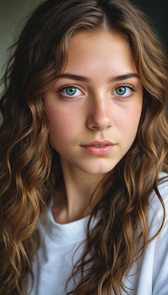 detailed and realistic photo from a young teen girl, soft long brown wavy hair, realistic eyes and face, close up portrait, white t-shirt, (gorgeous) (stunning)