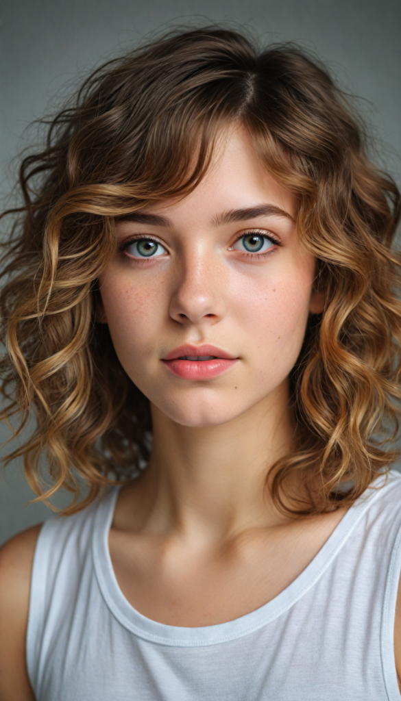 a (beautifully drawn full body portrait) of a (young teen girl with long, messy, straight hair), capturing a (stunningly realistic) curl pattern), advanced facial features that exude cuteness, like (baby-doll eyes), a cropped bang haircut that frames her face, hair color that mimics (hazelnut) tones, a detailed yet angelic complexion, looking directly into the camera, a (side profile portraits), with impeccably drawn curves and contours that match her figure, against a (softly contrasting white backdrop), a short, sleeveless top and super short, cuffed pants that accentuate her (flawless anatomical proportions)