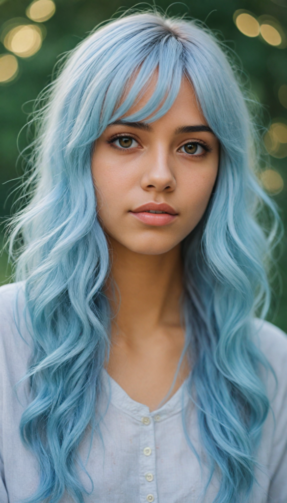 a whimsically illustrated brown-skinned teen emo girl, with cascading, gently undulating straight white hair framing her face, accentuated by a subtle cascade of side bangs. Her complexion glows with an ethereal light blue hue, embodying a haunting beauty that evokes a bittersweet sense of melancholy and introspection. Surrounding her is a dreamy, misty backdrop of soft grey, interspersed with delicate, ethereal swirls of muted pastel colors, creating a serene yet poignant atmosphere reminiscent of a twilight dreamscape. The scene captures the essence of emotional detachment, while inviting viewers to delve into the depths of her reflective demeanor, with intricate, whimsical details that evoke a sense of fragile beauty.