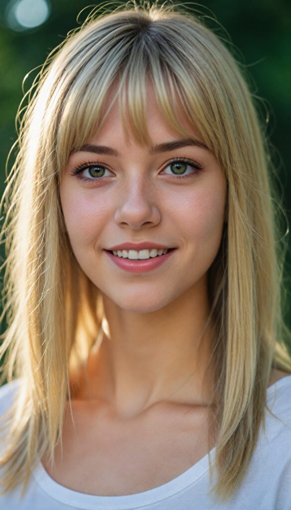 a detailed and realistic photo from a (cute) Europe teen girl (long, straight light blond hair, bangs), (stunning), (gorgeous), beautifully realistic, cinematic lights, realistic detailed angelic round face, (realistic detailed amber eye) looks happy at the camera, perfect curved body, (wears a super short tight (white t-shirt)), perfect anatomy, side perspective, against a sunny green backdrop