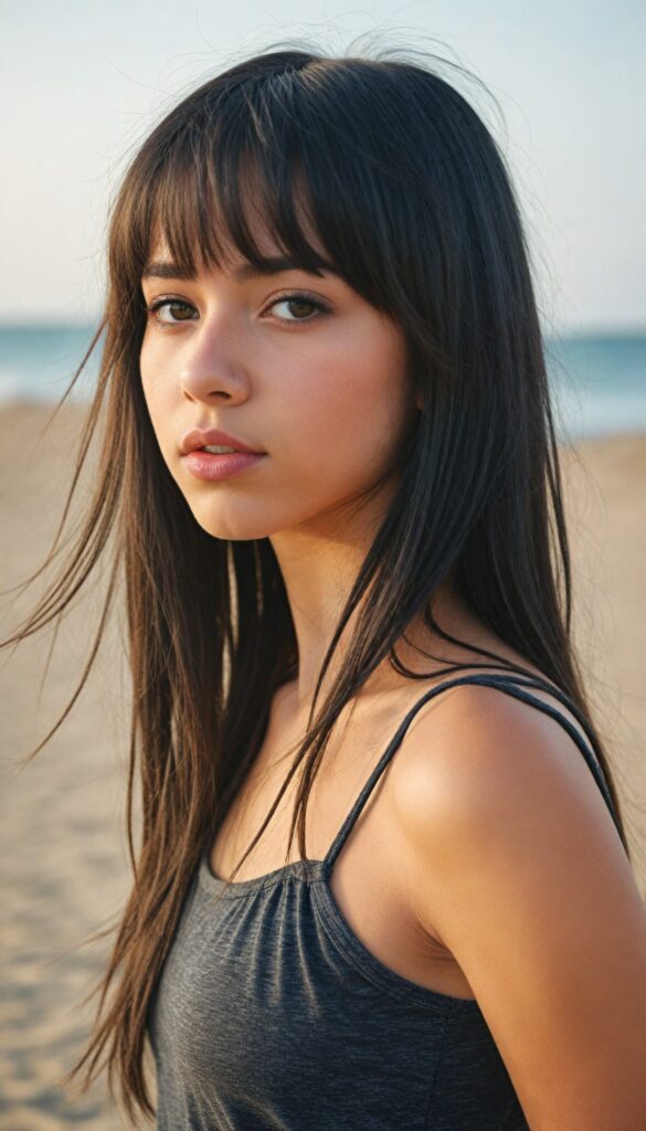 a realistic, detailed face, (super cute) (petite), (emo teen girl) with long, flowing (dark grey super soft hair, bangs), (dark crop tank top), (vividly drawn full kissable lips), all against a backdrop of a (serene, sandy beach)