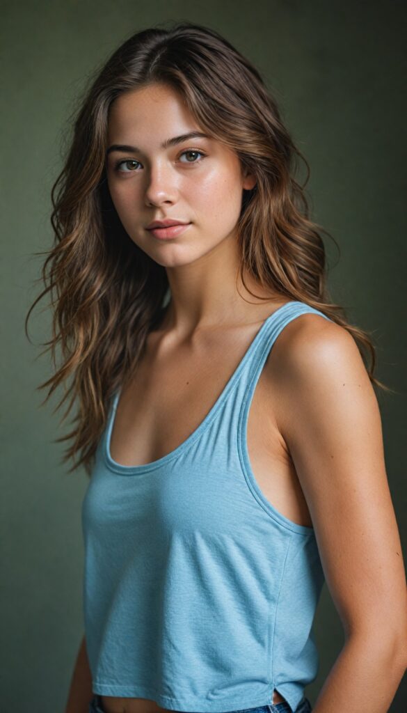 visualize a (tomboy teen girl) with long, (realistically detailed hair), posed in a (cinematic light setup) for a portrait shot, her face radiant with joy, featuring a (flawlessly detailed round face), a (short form-fitting cropped plain tank top), which beautifully showcases her perfect physique, with (realistic details), such as a (curvy yet toned silhouette), all against an (empty, high-key backdrop)