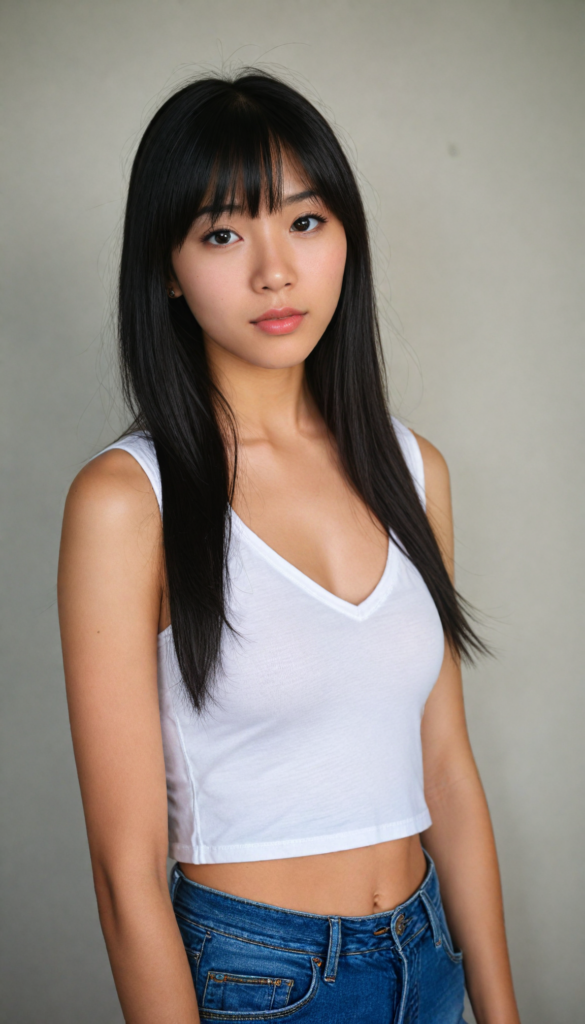 super realistic, 4k, detailed face, cute petite Asian teen girl, long black straight soft hair, bangs cut, wear a white short tight cropped tank top with deep v-neck, looks at the camera, portrait shot