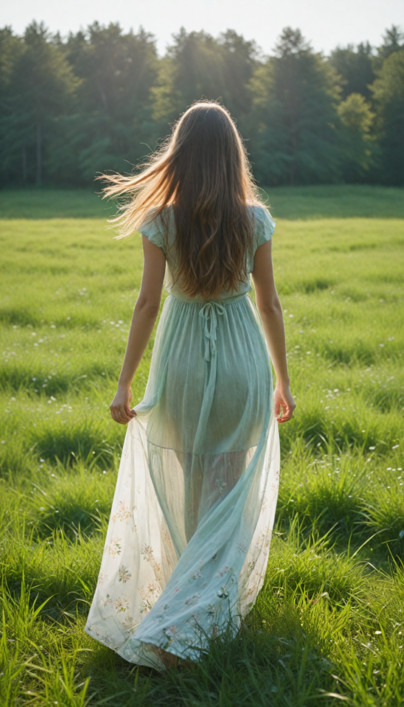 a young girl with soft long straight hair cascading down her back, stands in front of viewer in a green sunny meadow. The scene is infused with an ethereal glow, reminiscent of a dreamy impressionist painting. The girl wears a flowing white transparent dress, back view