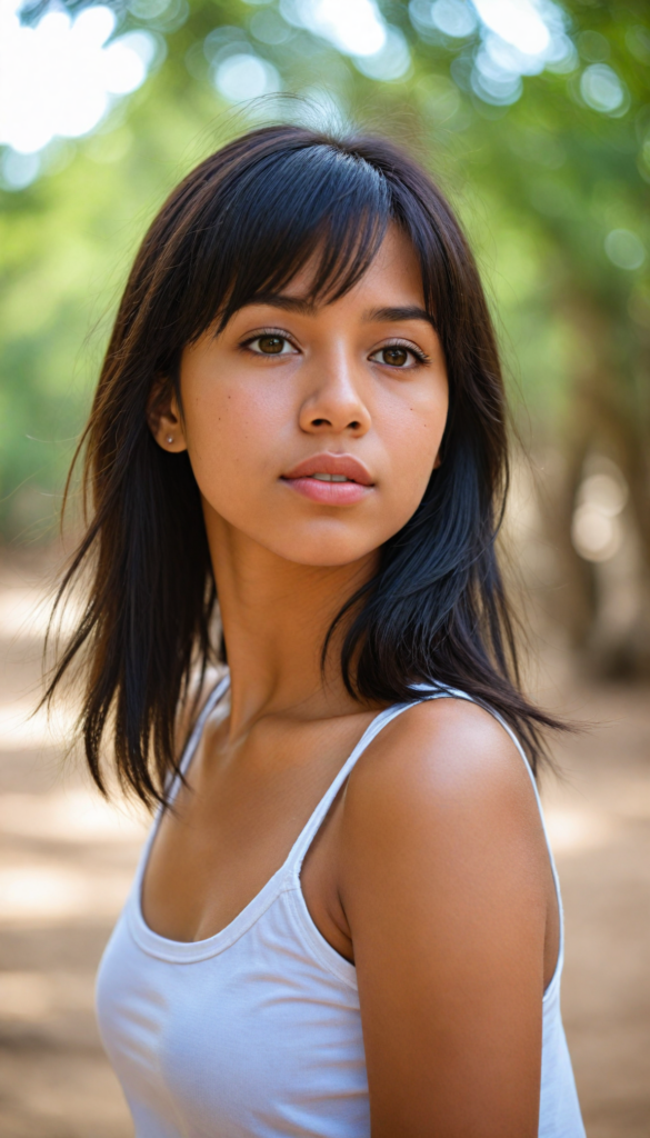 a beautifully close-up portrait (brown-skinned young well busty teen girl) with softly (straight black hair) framing her face in side bangs, full lips, (full body), she wears a white tank top, perfect curved body, in a dessert