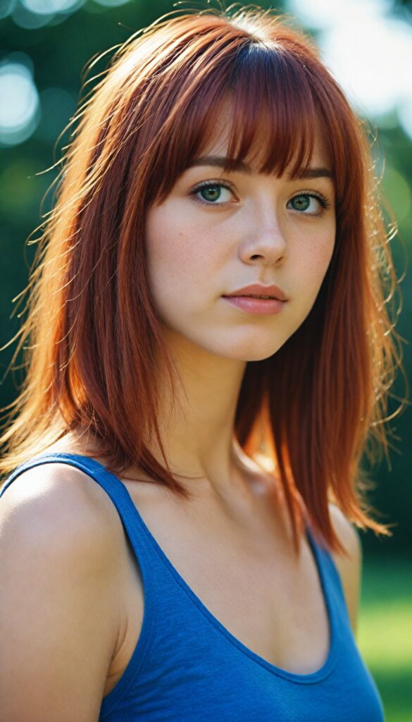 an upper body portrait from, a (teen girl with bangs cut), (vividly drawn long, straight soft red hair) that reflects the light, is depicted with exquisite detail, her face softly angelic yet realistically defined, big round eyes, wearing a (super short, sleek blue tank top) against a sunny backdrop, (side view)