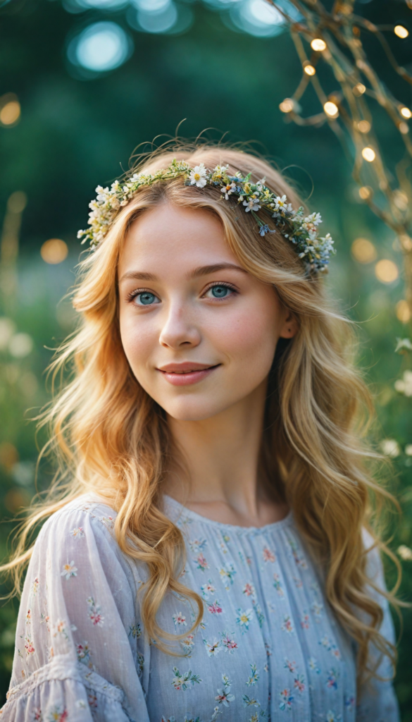 a whimsical portrait of a radiant young girl with cascading golden blonde hair adorned with delicate wildflowers, her sparkling blue eyes glimmering with joy as she gazes sweetly into the camera, surrounded by a dreamlike ethereal garden filled with vibrant colors and soft, glowing lights, reminiscent of a fairy tale illustration in the style of Mary Blair, evoking a sense of wonder and warmth