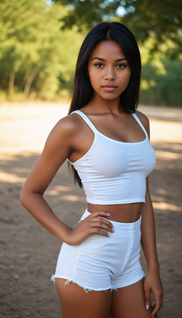 a beautifully upper body portrait (dark-skinned young busty teen girl) with softly (straight black hair), full lips, (full body), she wears a white short crop tank top, perfect curved body, in a dessert