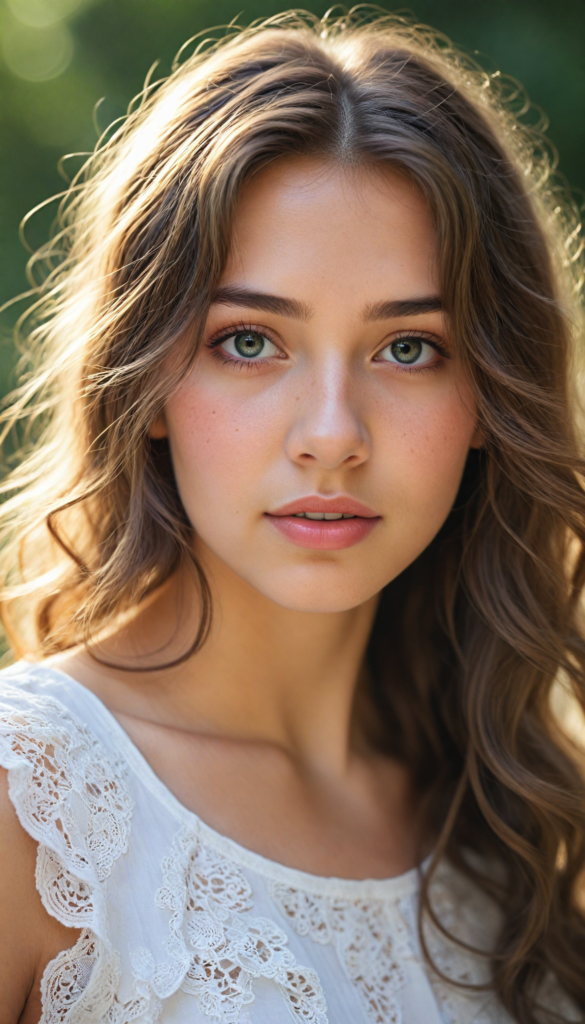 a hyper-realistic portrait of a captivating young girl with flowing waves of silky hair cascading down her shoulders. She gazes sweetly into the camera, exuding charm and innocence. Her outfit features a delicate white crop top adorned with intricate lace details, hinting at a dreamy summer vibe. The background is softly blurred with hints of pastel floral patterns, creating an ethereal atmosphere, reminiscent of a whimsical fairy tale. Sunlight gently illuminates her face, highlighting her sparkling eyes and soft features, while a sprinkle of magical dust floats in the air, enhancing the enchanting scene.