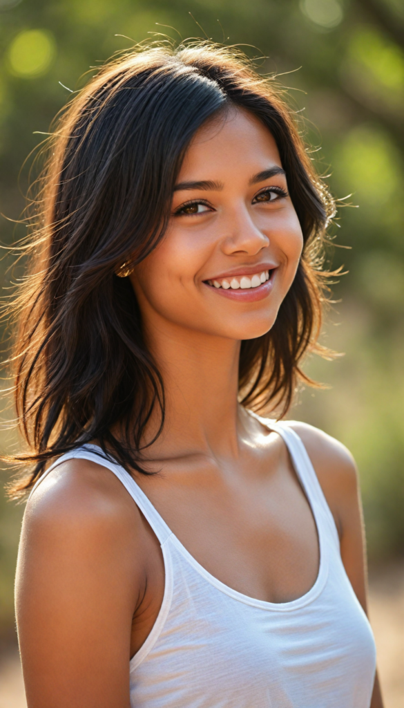 a captivating close-up portrait of a young brown-skinned girl with an enchanting smile, her softly straight black hair gracefully cascades around her face, accentuated by delicate side bangs. The composition embraces both her full lips and her confident poise, revealing her perfect, curvaceous form. She dons a flowing, ethereal white tank top that subtly contrasts with the warm tones of the sunlit desert landscape, where golden sands create a dreamy backdrop. The lighting casts a soft halo around her, adding a touch of magic and warmth to the scene, reminiscent of a contemporary impressionist painting captured in vivid colors.