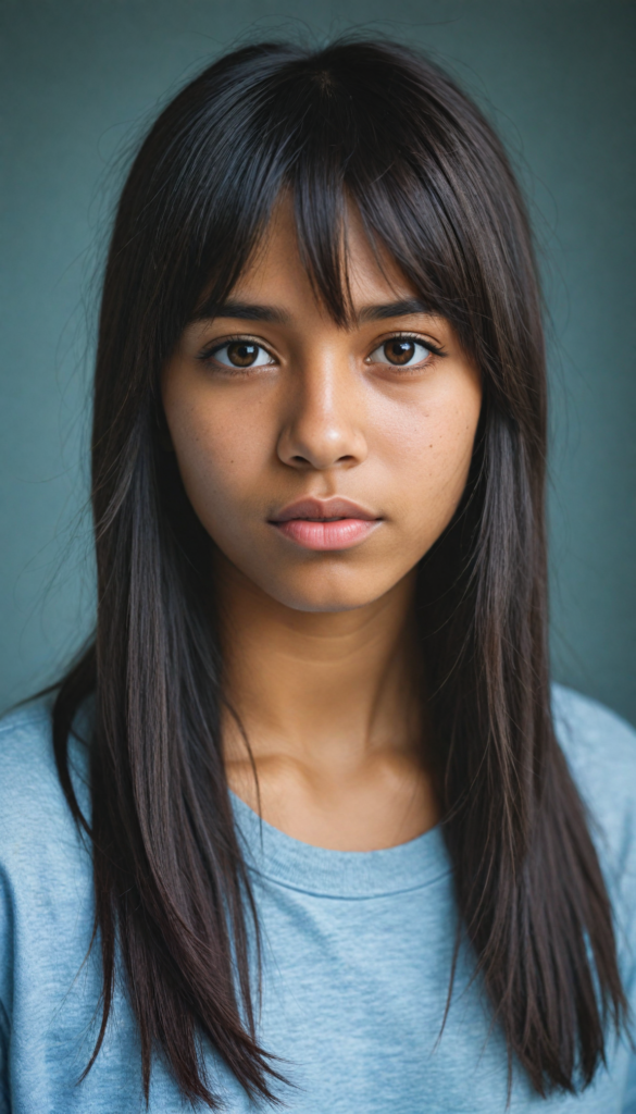 a beautifully drawn (brown-skinned teen emo girl) with flowing, softly waving (straight hair) framing her face in side bangs and highlighted by a contrasting light blue complexion, expressing a poignant feeling of melancholy and emotional detachment, set against a softly grey (backdrop)