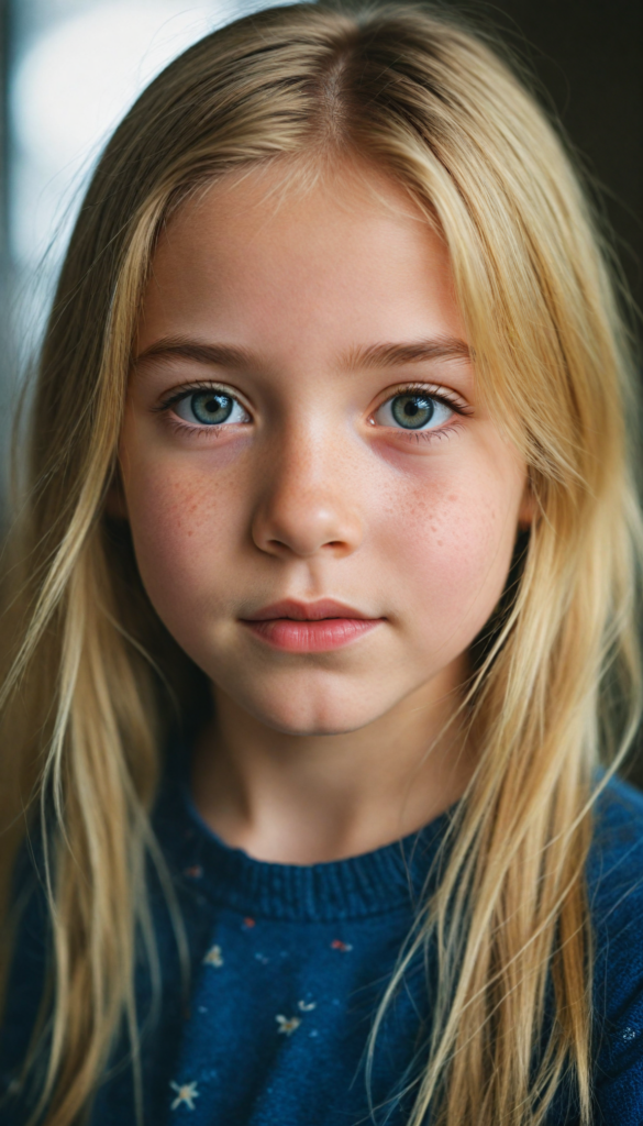 a beautiful young girl with golden blonde hair, looks sweetly into the camera