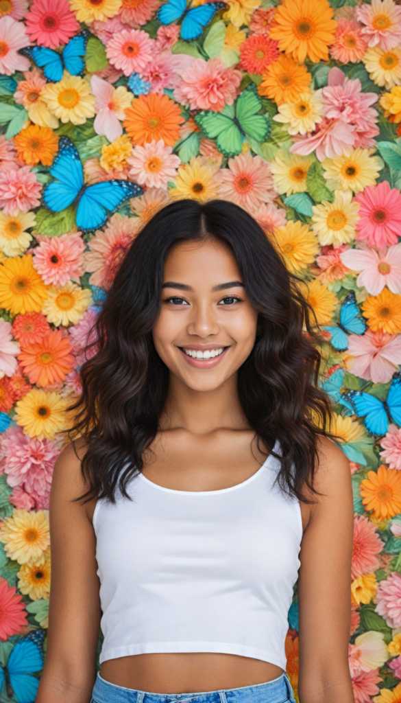 a vibrant portrait of a brown-skinned teen girl radiating joy with a beaming, sunny smile, dressed in a chic, fitted white crop tank top that elegantly highlights her beautiful curves, surrounded by a dreamy, pastel background filled with blooming flowers and butterflies, her long, straight black hair flowing like silk in a gentle breeze, capturing the essence of youthful exuberance and confidence, styled in the manner of contemporary pop-art with bright colors and bold outlines, reminiscent of artists like Yayoi Kusama or Keith Haring