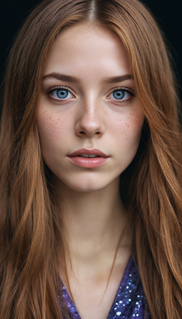 (portrait), intricately detailed pencil drawing, silvery-skinned (young teen girl) with cascading long straight molten copper hair that glimmers like liquid metal, piercing violet eyes reflecting a cosmic universe, set against a velvety black background that appears to shimmer with starlight, reminiscent of a blend between classical realism and modern fantasy illustration