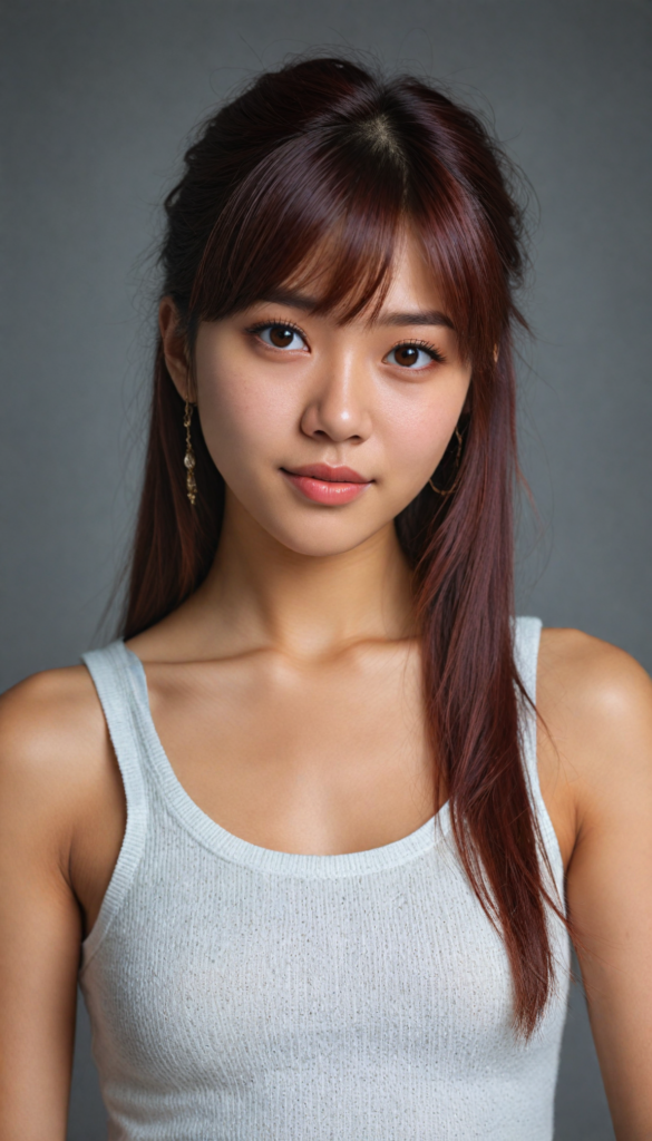 cute Filipino teen girl, detailed hair, Korea styled bangs, white short cropped tank top made of soft wool, perfect curved body, ultra realistic face, realistic amber eyes, detailed maroon straight hair, a stunning photo with beautiful saturation, ultra high resolution, deep shadow, (best quality, masterpiece), highly detailed, depth of field, film grain, looking at viewer, warm smile, (upper body), masterpiece, ultra realistic, extremely detailed CG unity 8k wallpaper, best quality