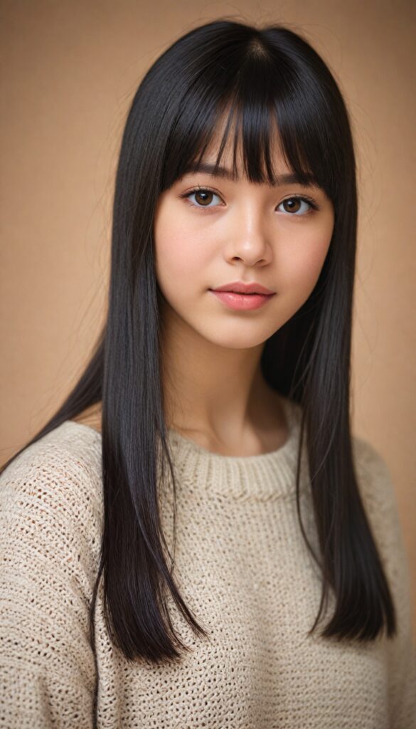 create a portrait of a cute, beautiful, sweet, kind, adorable, breathtaking, delicate, pretty, graceful, elegant, very young girl with long, straight, silky black hair, bangs, light brown eyes, full lips, wearing a warm sweater. (The background is slightly blurred)