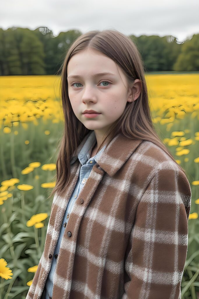 a detailed perfect portrait with pastel colors, young girl, 13 years old, stands in a flower meadow. She wears a ((checkered coat in brown and grey)) and black shirt, she look at the viewer, detailed shiny straight brown hair, blue eyes, round detailed face