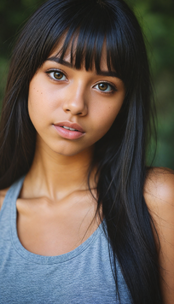 super realistic, 4k, detailed face, cute Exotic teen girl, long black straight jet soft hair, bangs cut, wear a grey crop tank top, looks at the camera, portrait shot, super realistic amber eyes